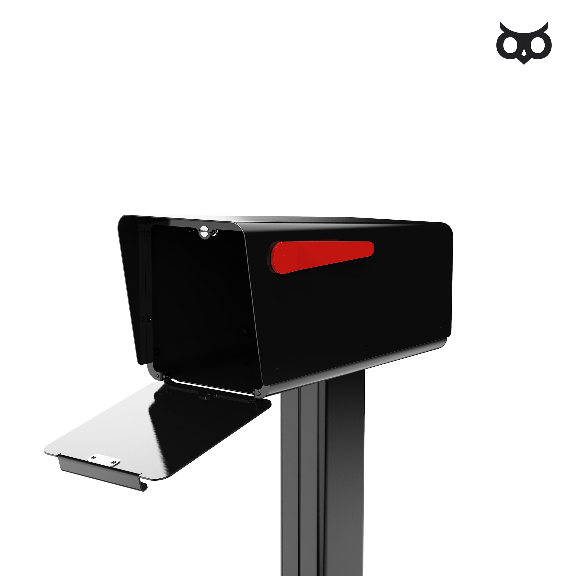 Black mailbox with a red flag on a white background